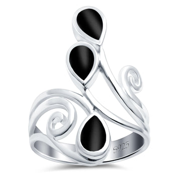 Fashion Teardrop Pear Swirl Spiral Ring Simulated Black Onyx 925 Sterling Silver